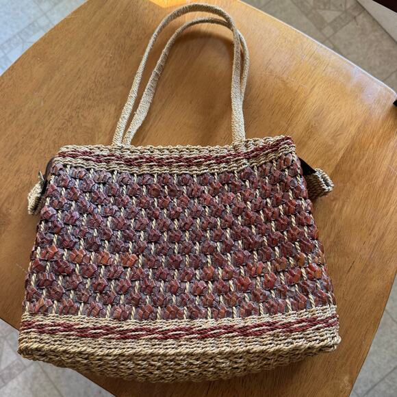 Vintage Boho Woven Wicker Handbag Purse Rust and Tan Grandma Core 8x10x3 Inch - Picture 3 of 12
